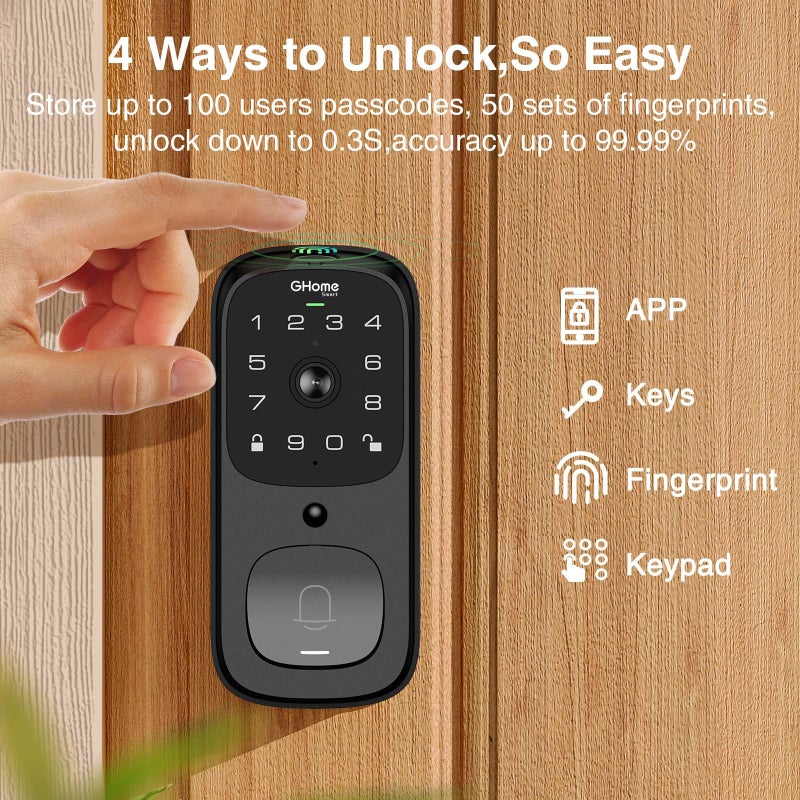 GHome Smart 3 in 1 Door Lock with Fingerprint WiFi Keyless Entry Smart Deadbolt  2K HD Camera  2.4GHz  App Remote Control  Smart Door Knob with Doorbell - Image 3